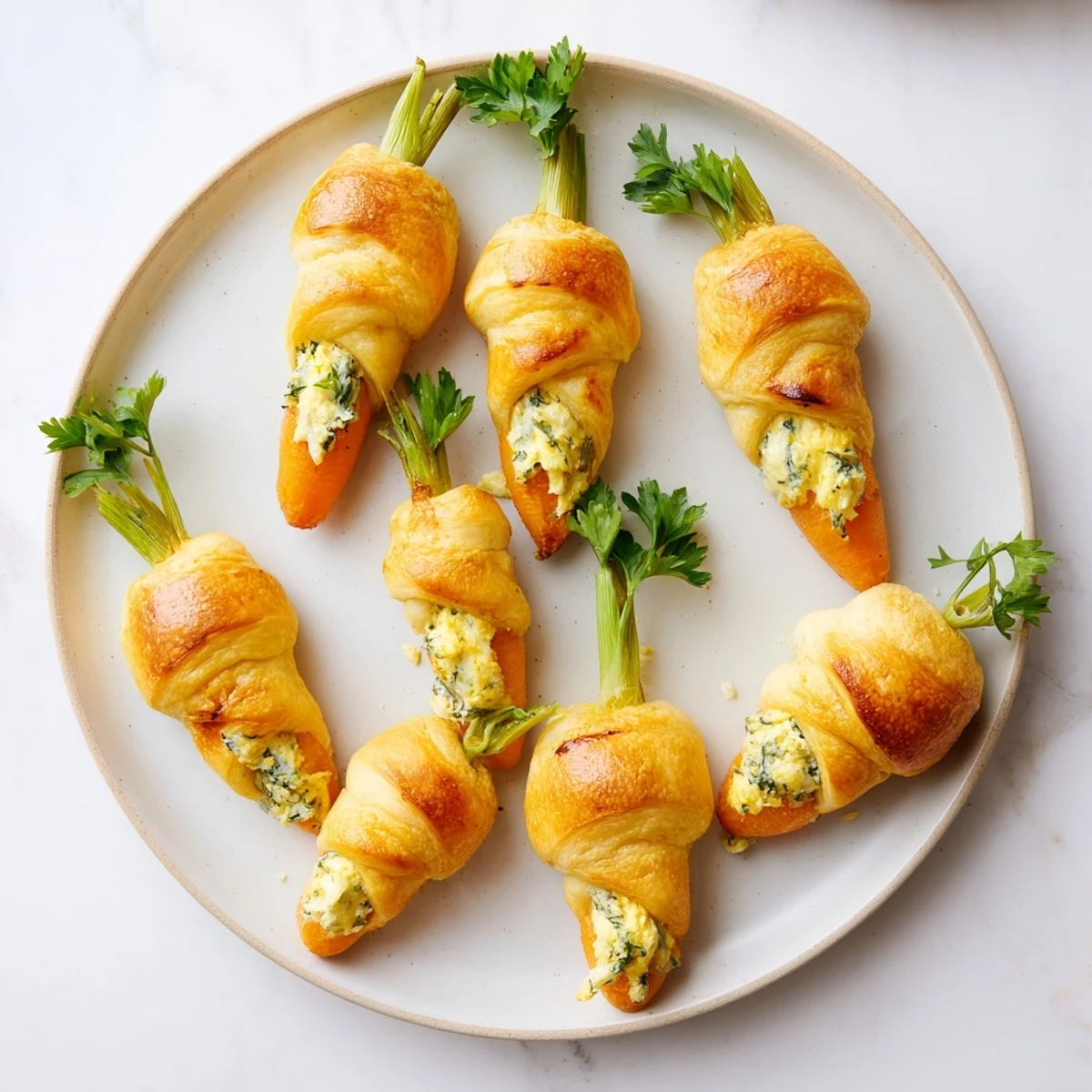 Golden baked stuffed crescent roll carrots filled with creamy herbed cheese and topped with fresh parsley sprigs