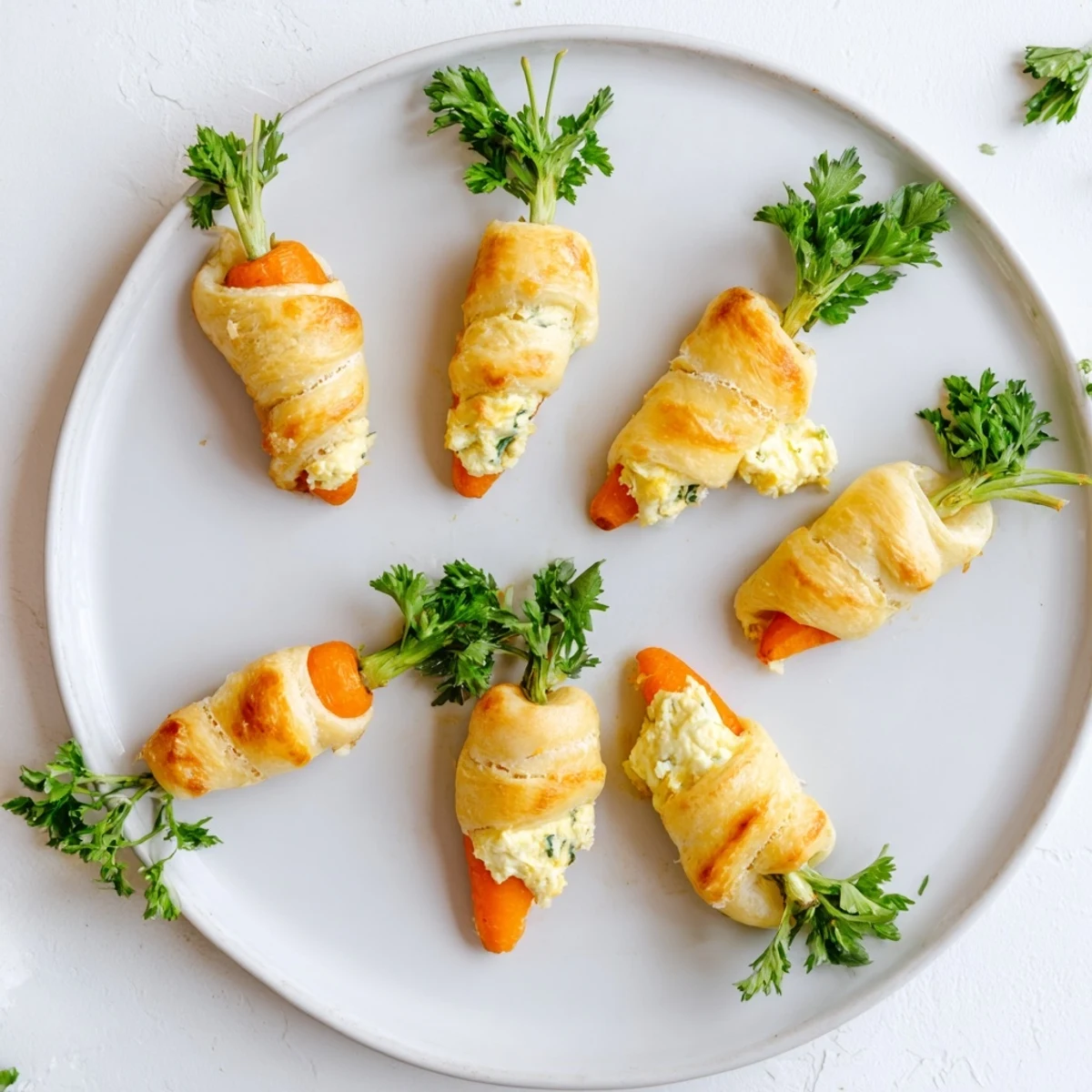 Playful carrot-shaped crescent rolls piped with savory cream cheese and herb filling for spring appetizers