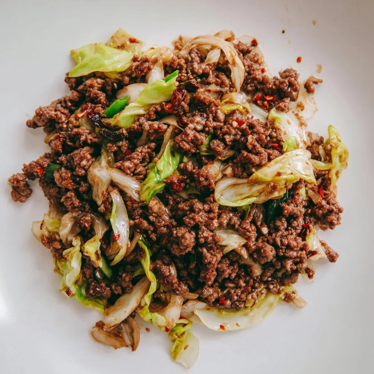 Savory low carb Mongolian ground beef and cabbage stir-fry with tender vegetables in a rich glossy sauce