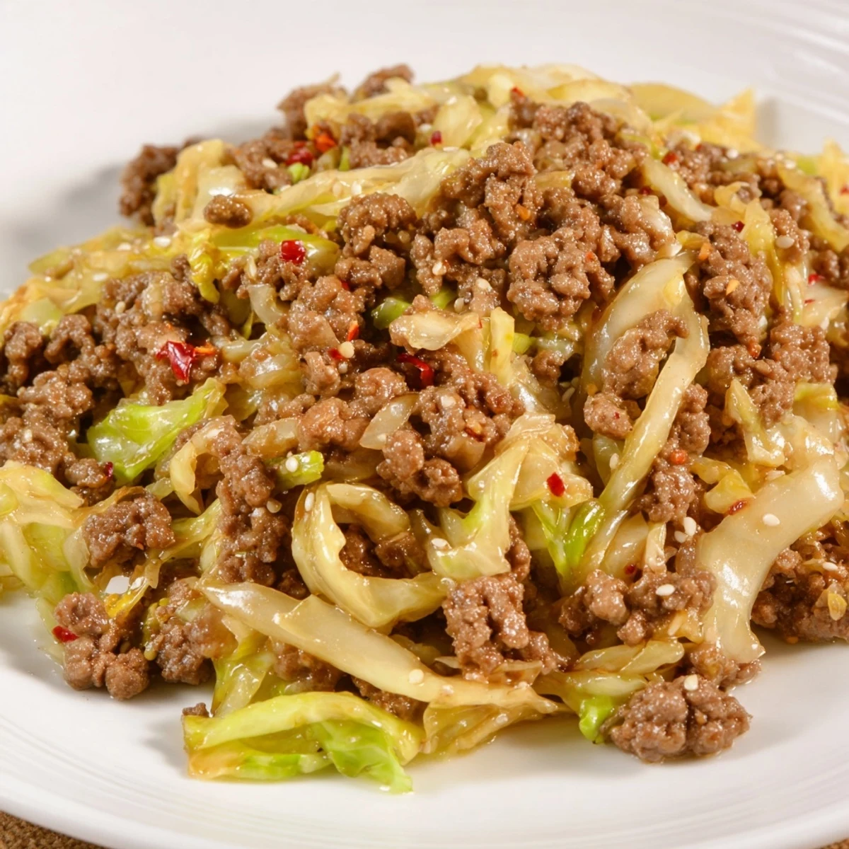 Bowl of seasoned ground beef and cabbage low carb Mongolian stir-fry garnished with fresh green onions