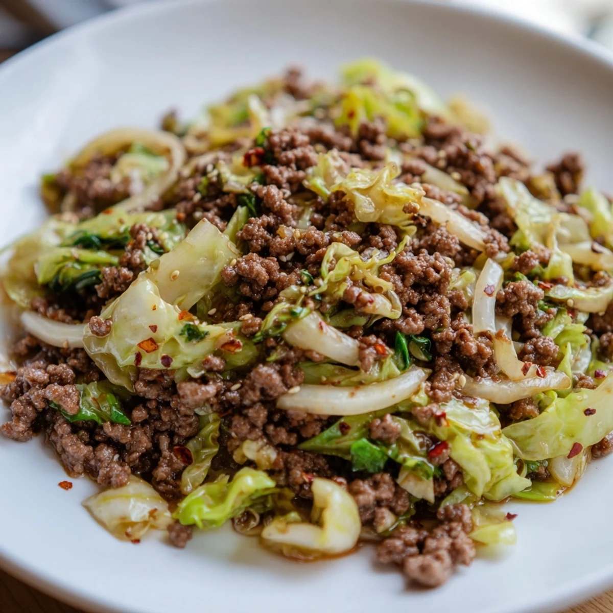 Golden brown low carb Mongolian ground beef and cabbage cooked in a skillet with aromatic ginger and garlic