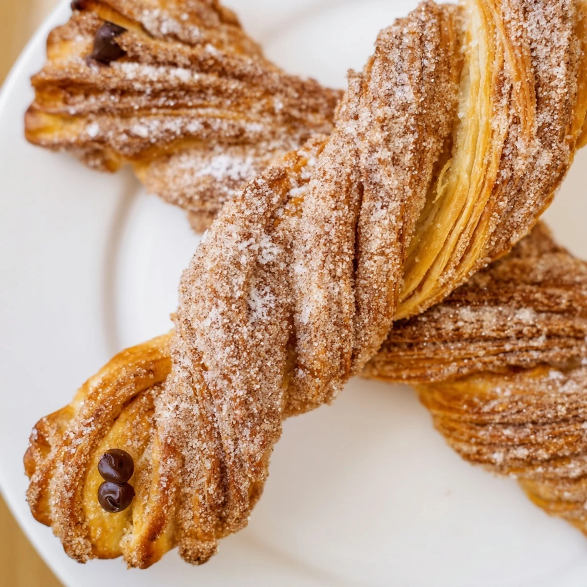 Golden brown cinnamon sugar Easter bunny twists arranged on a white serving platter