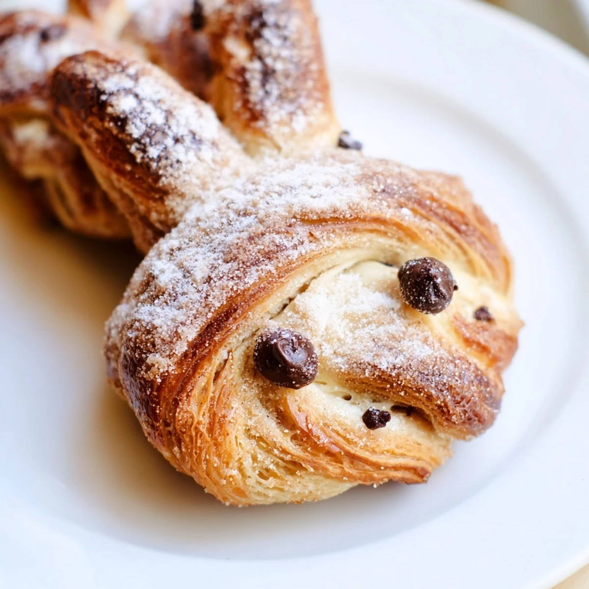 Fluffy puff pastry bunny shapes coated with buttery cinnamon sugar baked until golden
