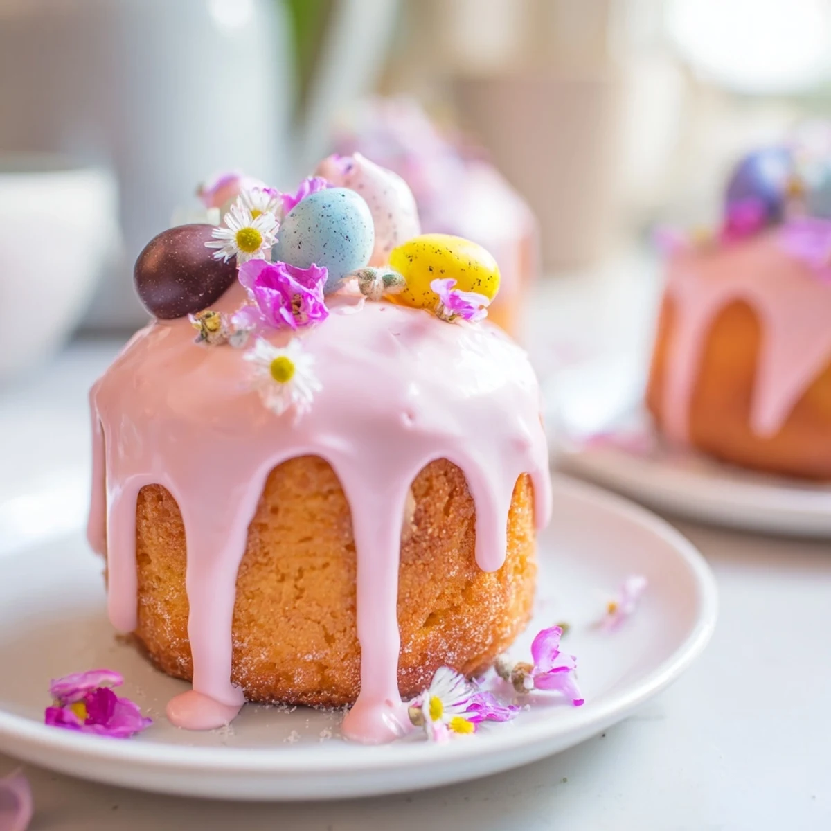 Mini Easter Cakes topped with pastel icing and colorful sprinkles on white plate