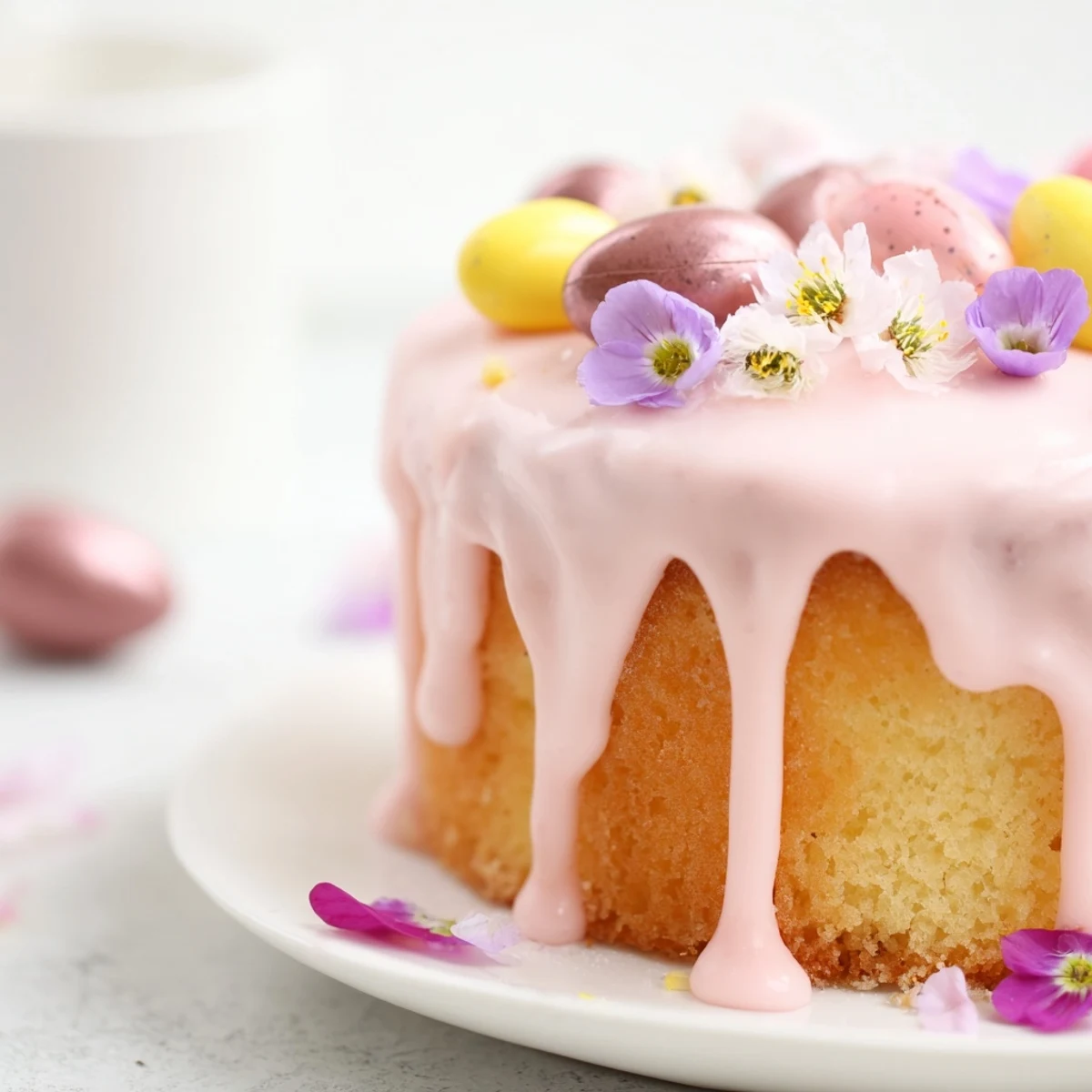 Soft sponge Mini Easter Cakes drizzled with pastel glaze and mini chocolate eggs