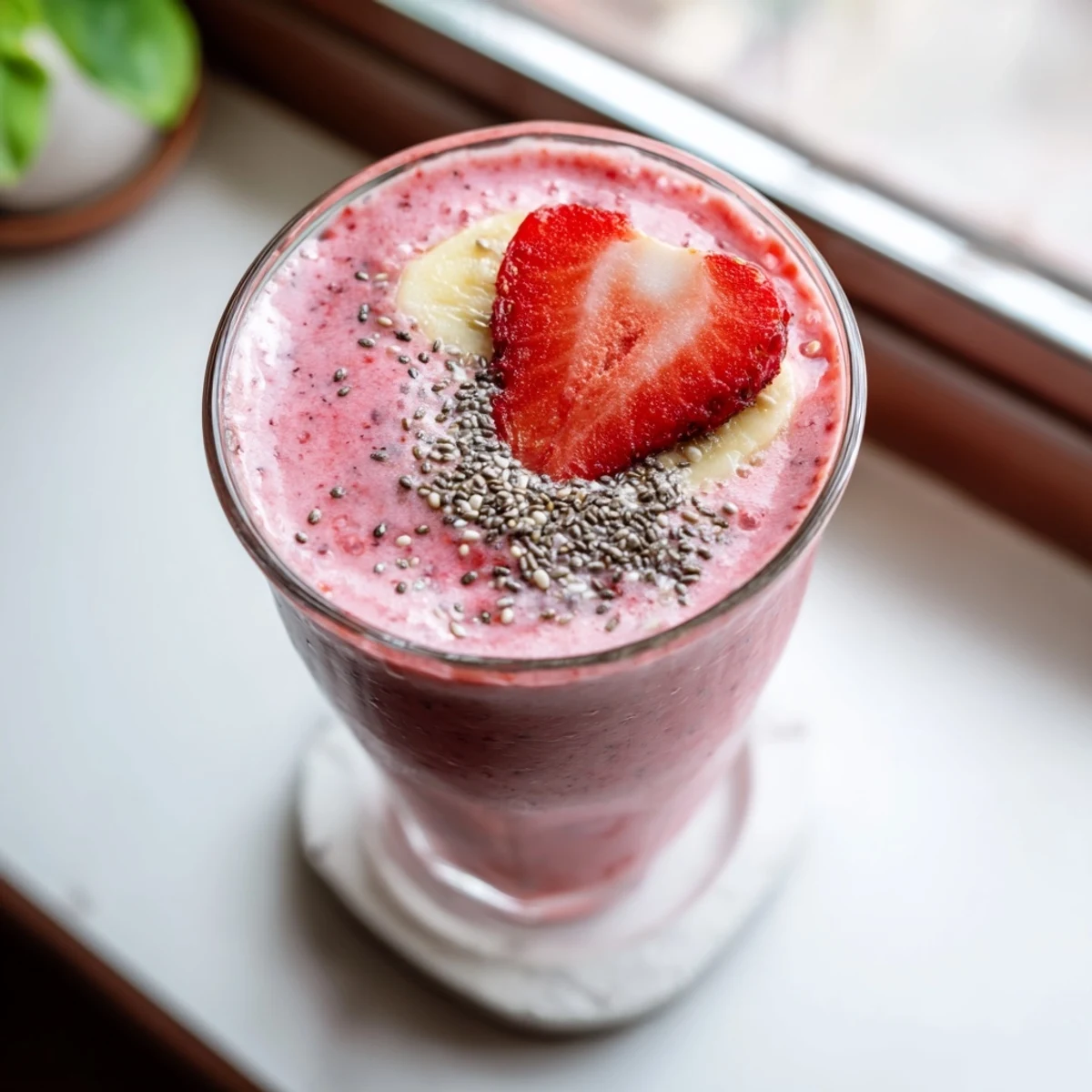 Thick strawberry smoothie with Greek yogurt poured into a glass topped with fresh strawberry slices