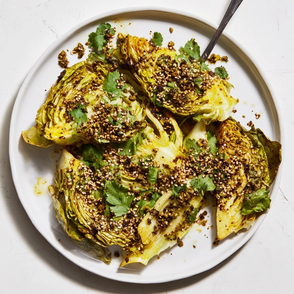 Vegan gluten-free roasted curry cabbage garnished with fresh cilantro and toasted sesame seeds