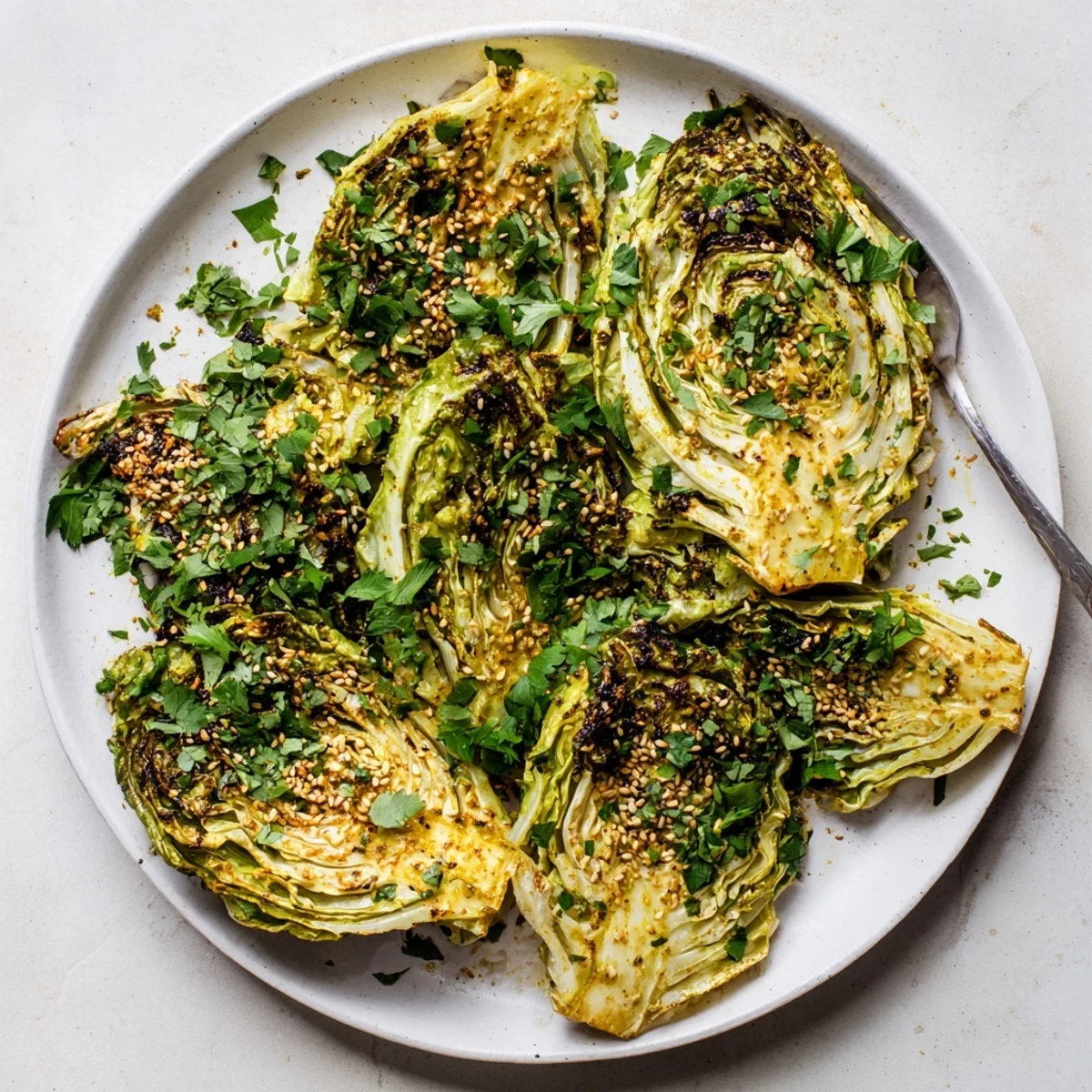Spiced roasted curry cabbage arranged on baking sheet with vibrant yellow seasoning