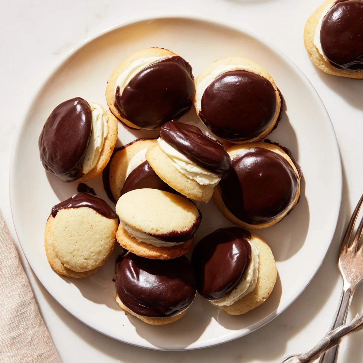 Mini Boston Cream Pie cookies sandwiched with smooth custard and drizzled with rich semi-sweet chocolate topping