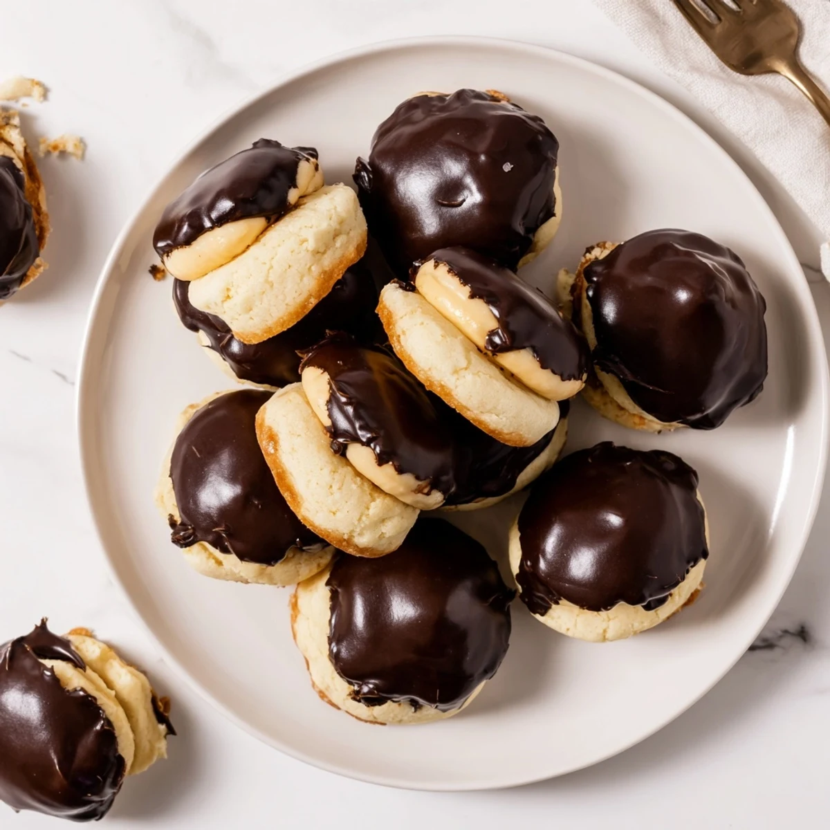 Bite-sized Boston Cream Pie cookie bites topped with glossy chocolate glaze and filled with creamy vanilla custard
