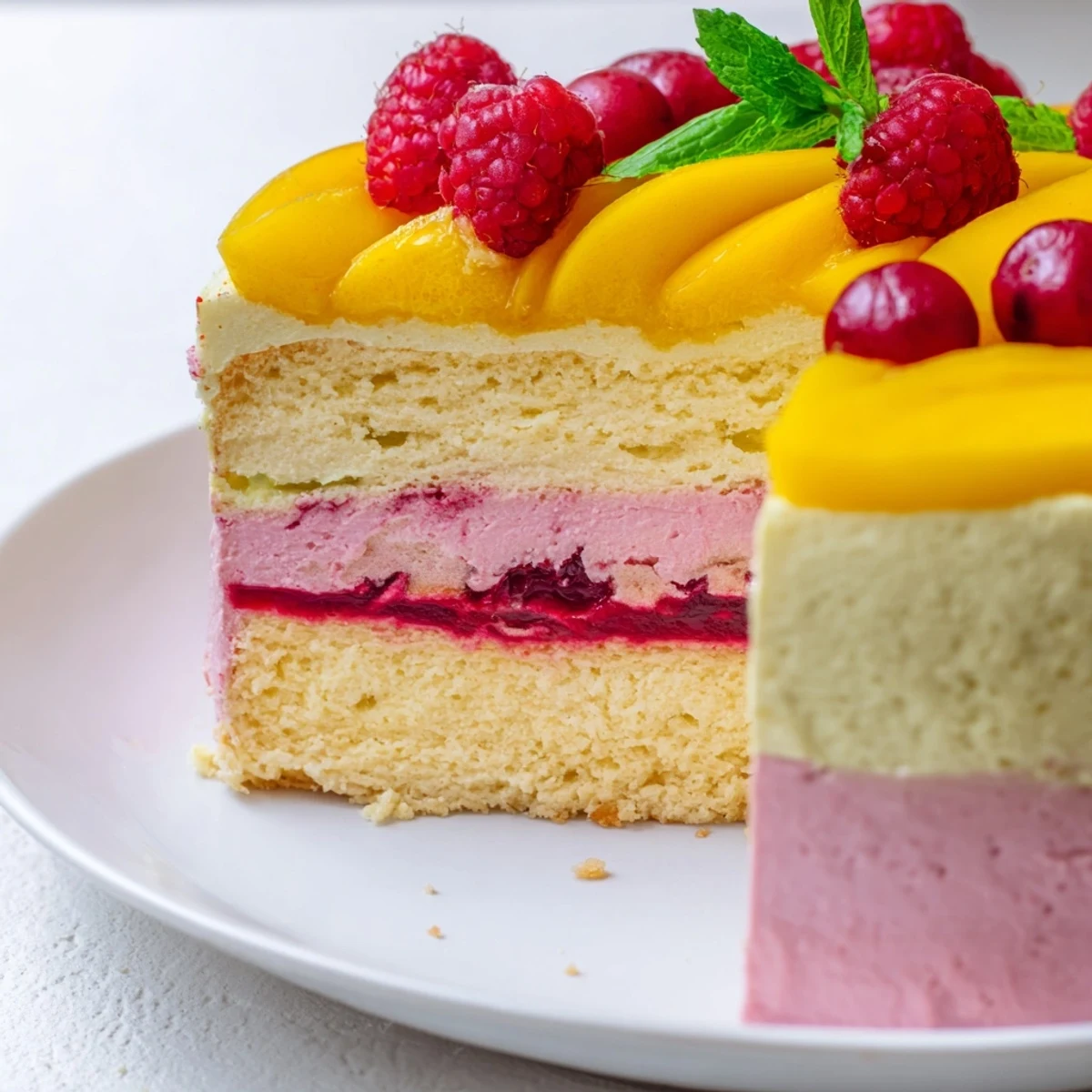 Layered mango raspberry mousse cake featuring fluffy sponge topped with fresh tropical fruit garnish