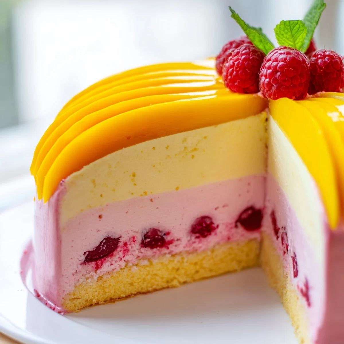 Slice of heavenly mango raspberry mousse cake showing vibrant layers of yellow and pink cream
