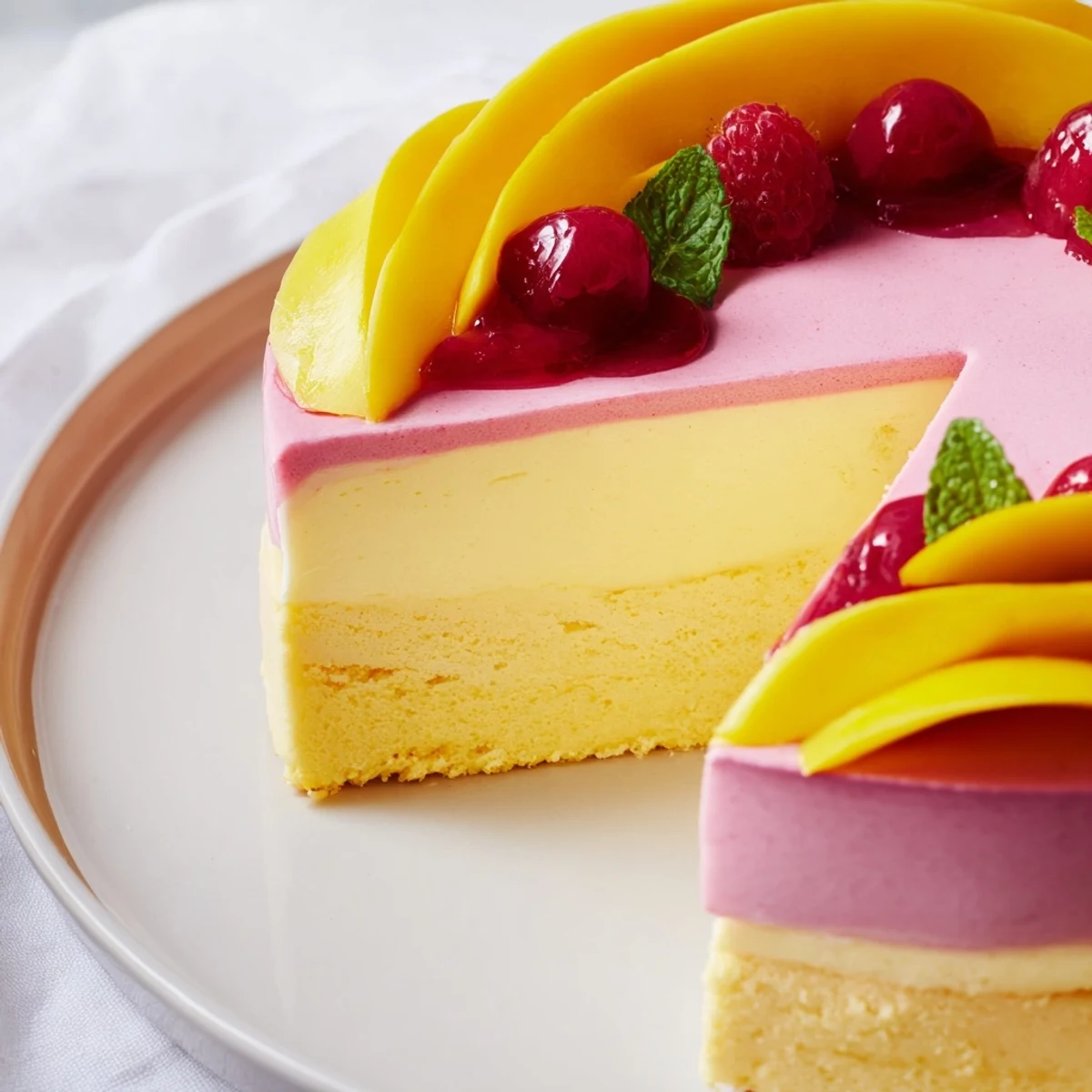 Summer dessert of mango raspberry mousse cake decorated with ripe berries and mint on white plate