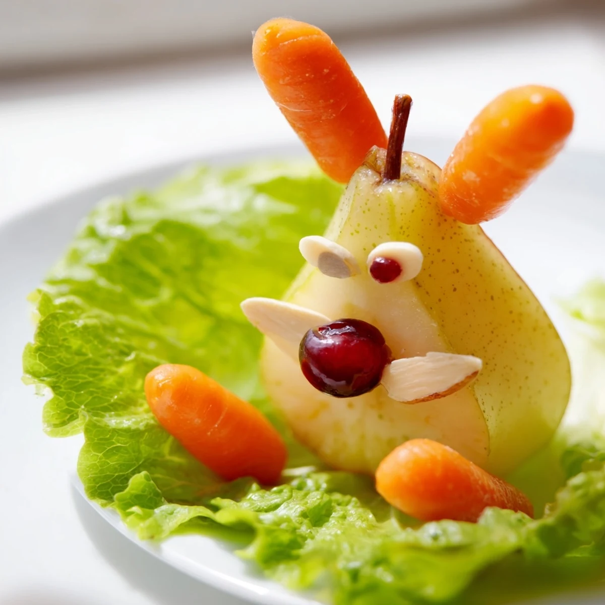 Whimsical pear bunnies served on green lettuce leaves for Easter or spring brunch