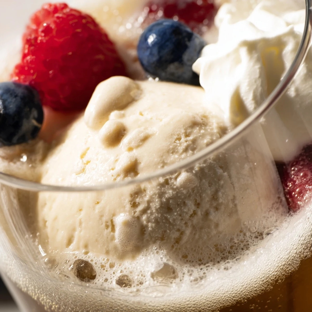 Creamy low-carb Rebel ice cream floats chilled in glasses with sugar-free soda and fresh berries