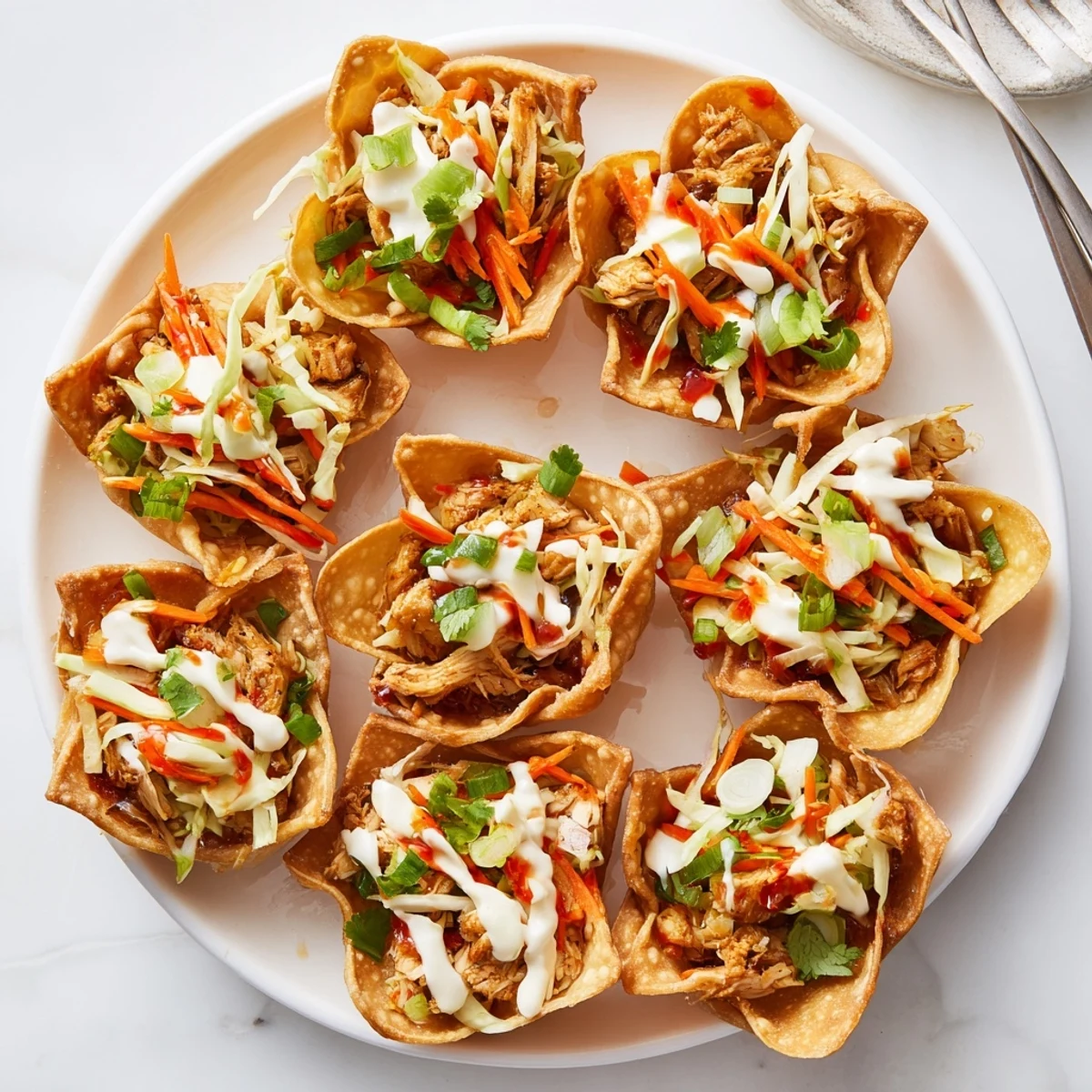 Golden crispy chicken wonton tacos topped with colorful fresh slaw and zesty Asian sauce
