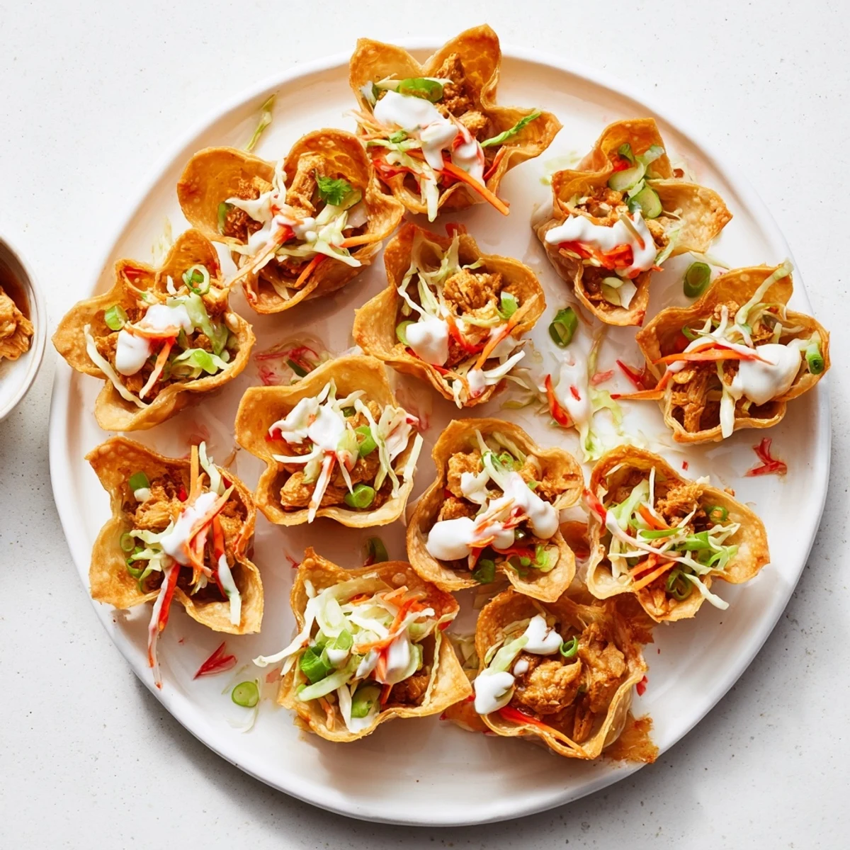 Baked golden wonton tacos stuffed with hoisin glazed chicken topped with vibrant cabbage slaw