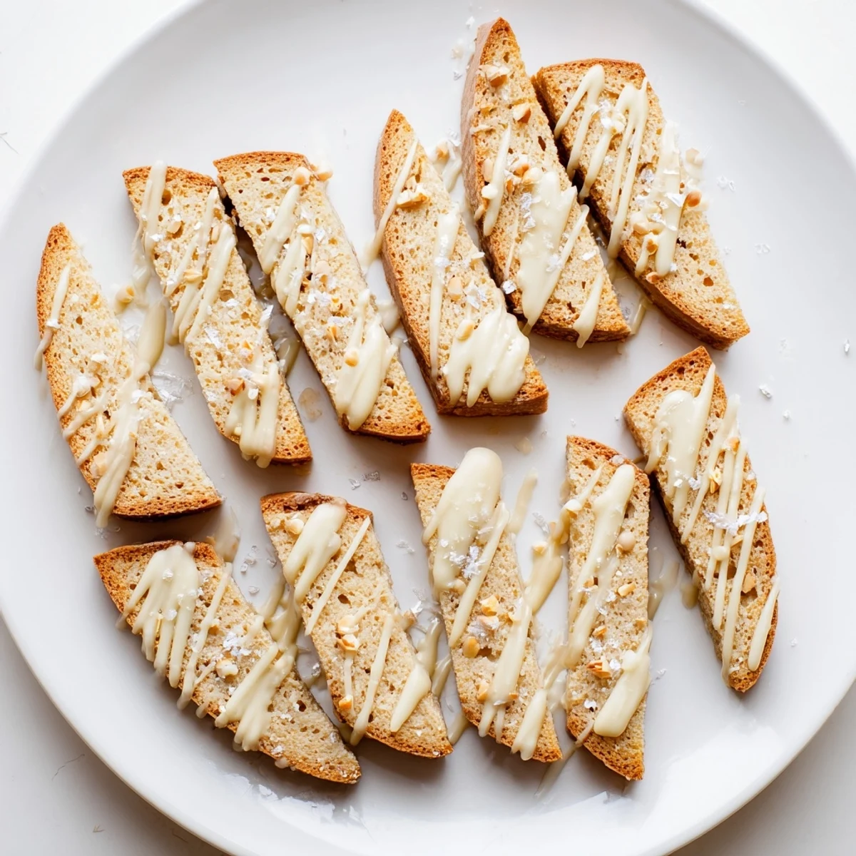 Golden sugar cookie biscotti drizzled with white chocolate on a marble cutting board