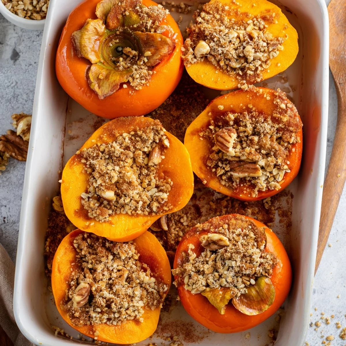 Golden oat crumble topped baked persimmon halves sprinkled with warm cinnamon and brown sugar