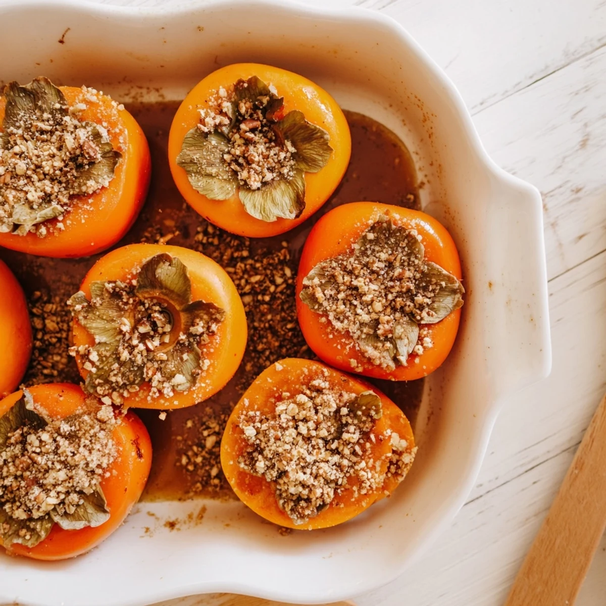 Cozy baked persimmon dessert with crunchy oat topping bubbling with caramelized fruit juices