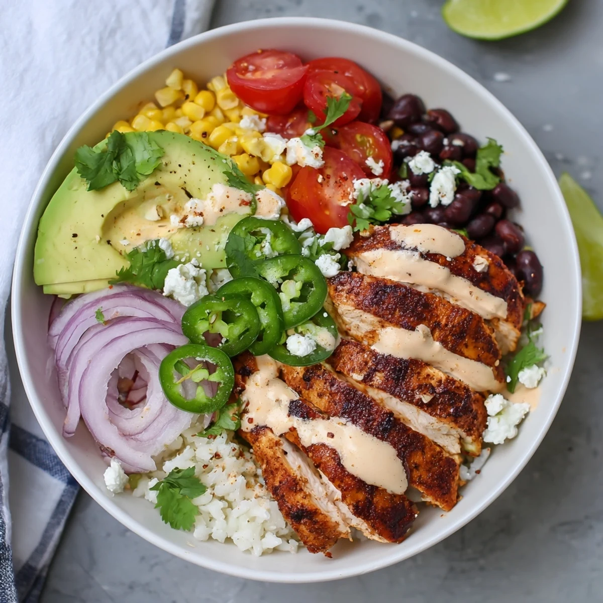 Colorful Mexican chicken bowl piled with fresh vegetables, black beans, and zesty lime rice