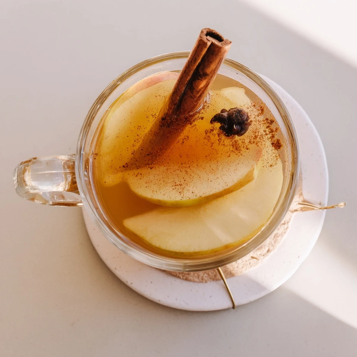 Golden warm cinnamon pear cider served in clear glass with floating spice specks