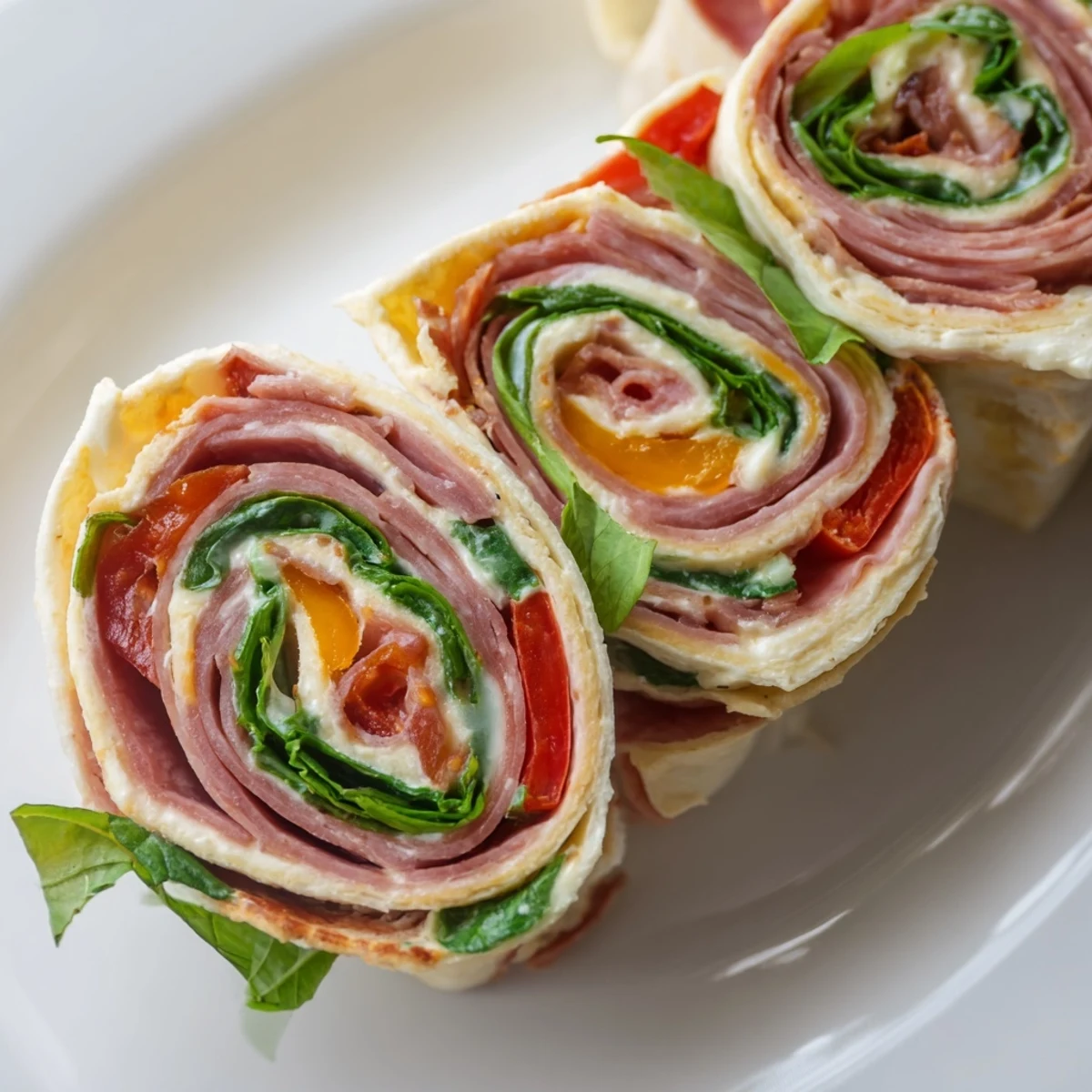 Spiral Italian pinwheels featuring layers of salami, ham, and pepperoni rolled with provolone cheese