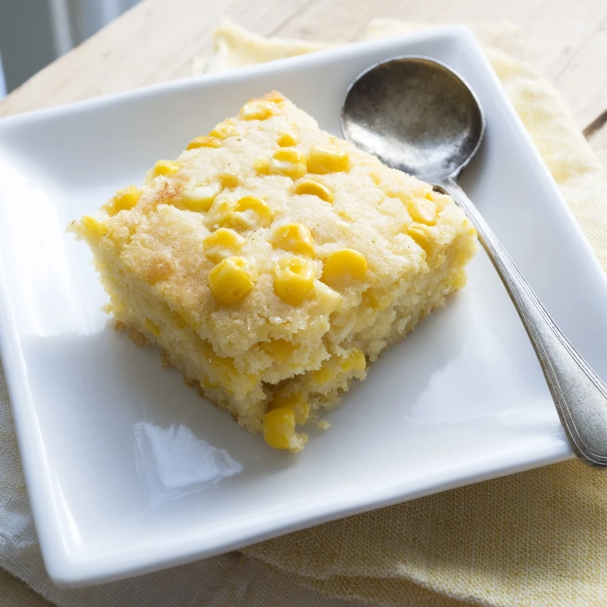 Spoonful of moist Jiffy corn casserole showing sweet corn pieces in a golden crumb
