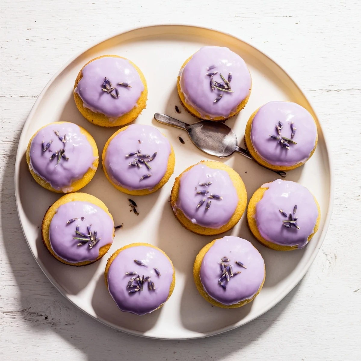 Golden mini lemon cakes drizzled with pale lavender glaze on white serving plate