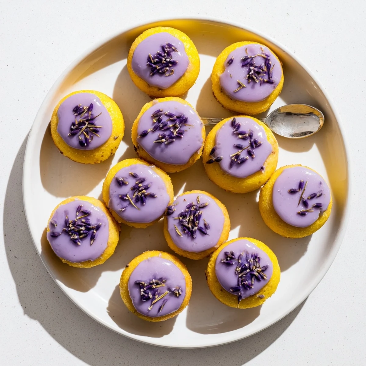 Batch of petite lemon desserts finished with purple lavender glaze on rustic wooden board