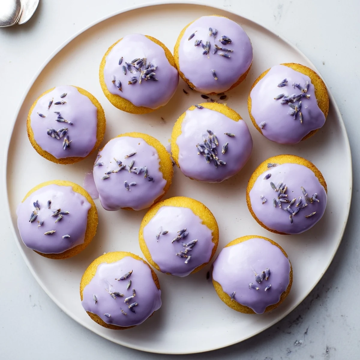 Moist lemon mini cakes topped with fragrant lavender icing garnished with fresh lemon zest
