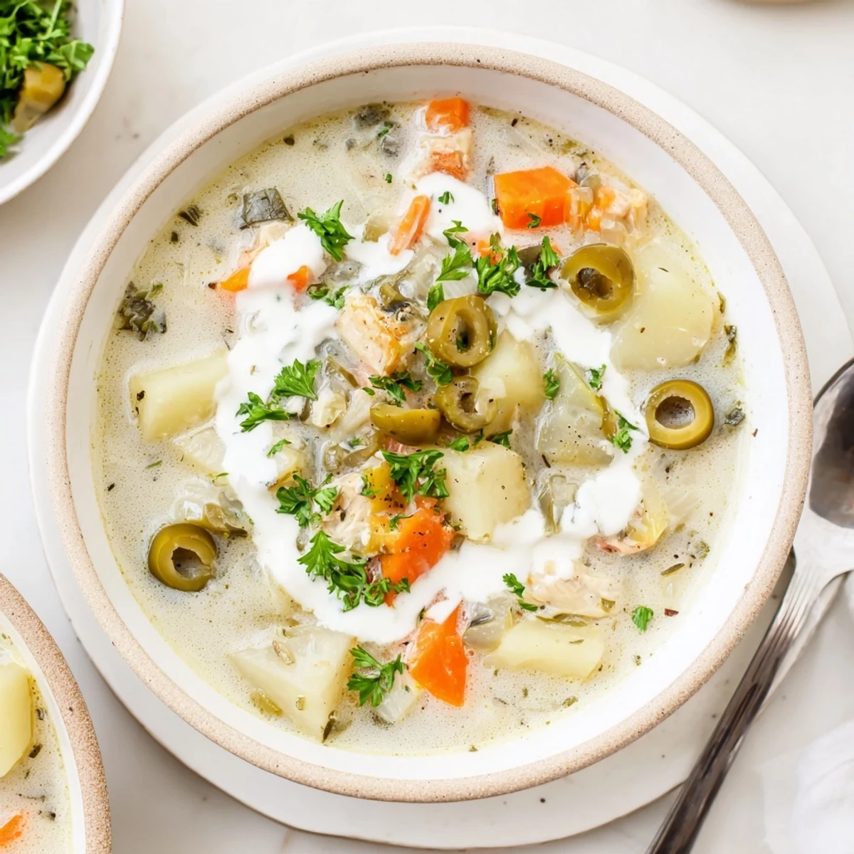 Creamy green olive soup bowl garnished with fresh parsley and crusty bread