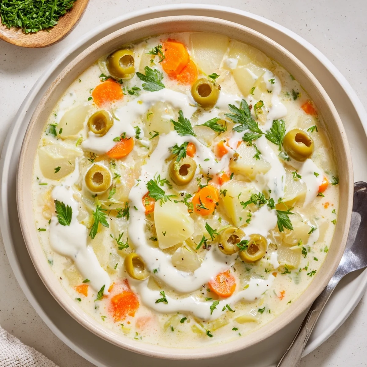 Mediterranean green olive soup featuring tender potatoes in a rich smooth broth