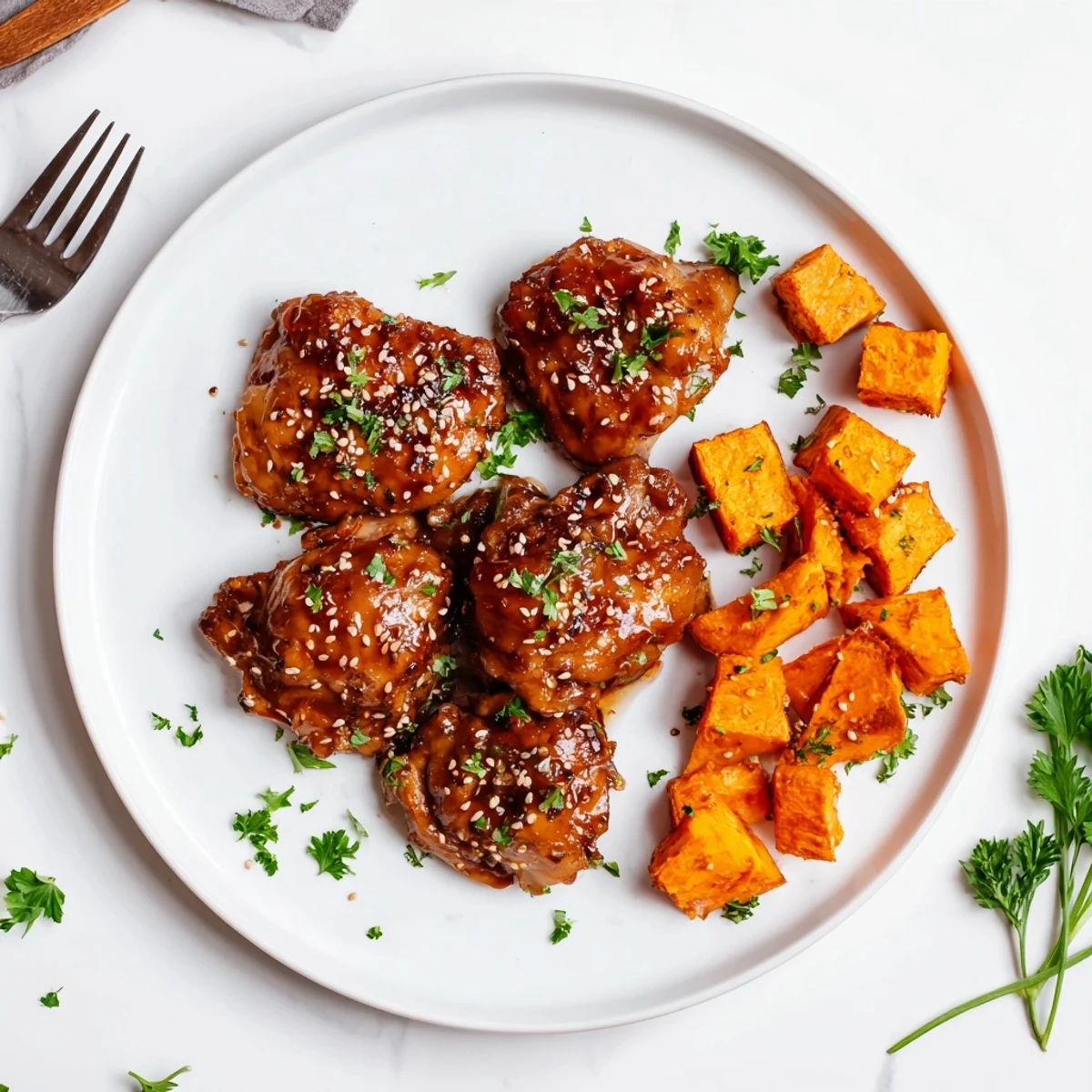 Honey garlic chicken with roasted sweet potatoes arranged on a baking sheet with glossy caramelized sauce coating