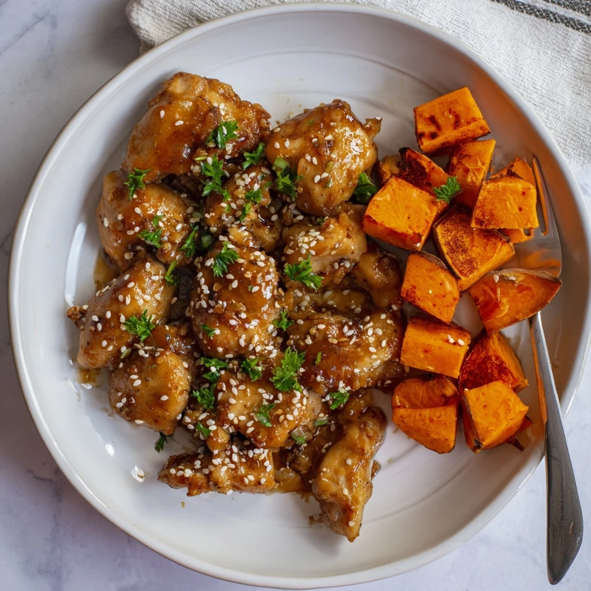 Weeknight dinner of tender honey garlic chicken with roasted sweet potatoes garnished with fresh parsley and sesame seeds