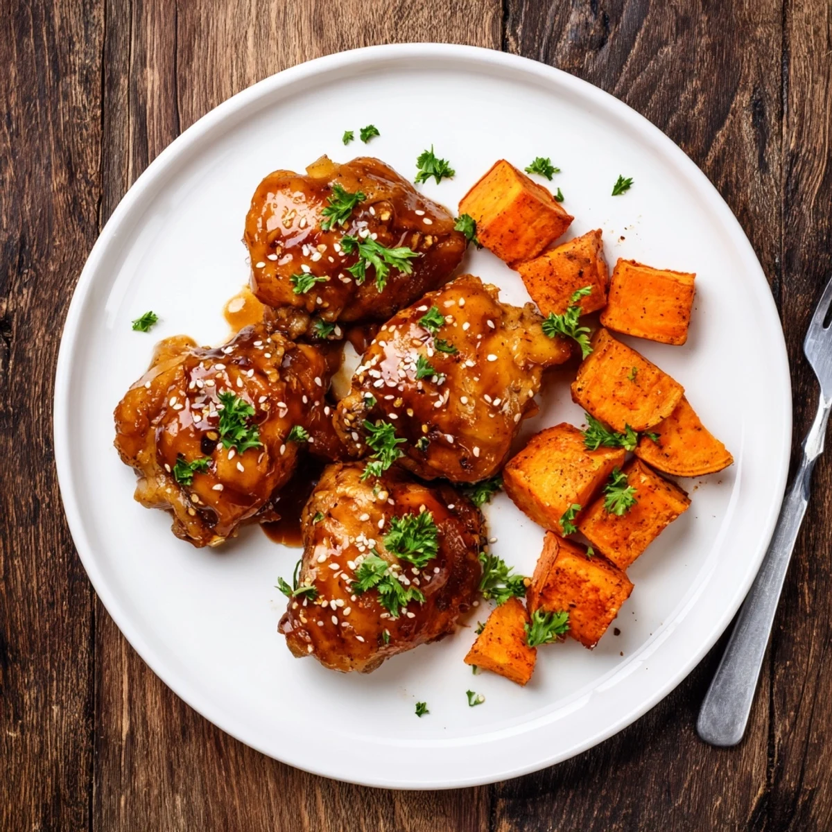 Golden glazed honey garlic chicken thighs served with caramelized roasted sweet potato cubes on a white plate