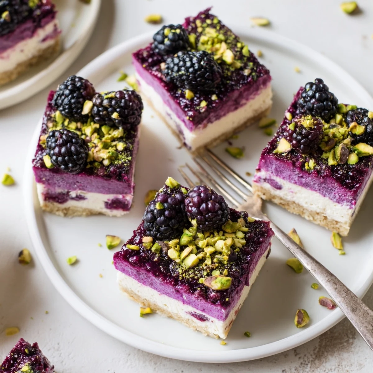 Golden pistachio shortbread crust layered with tangy blackberry compote and creamy cheesecake topping in these dream bars