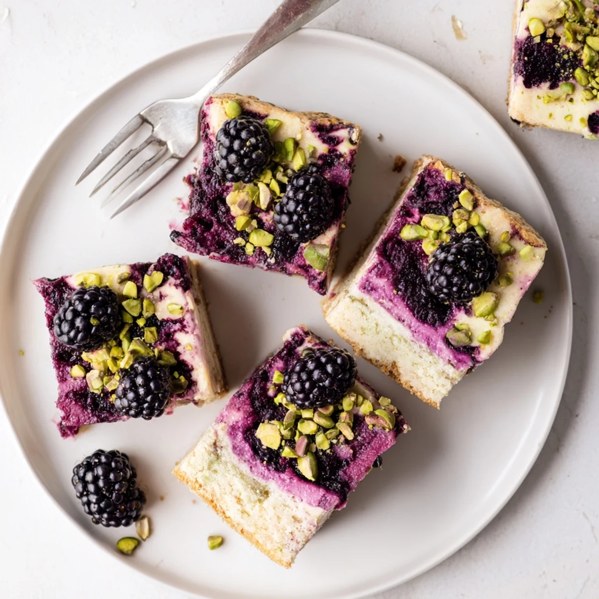 Square slice of blackberry pistachio dream bar showing vibrant purple berry swirls over white cream cheese layer