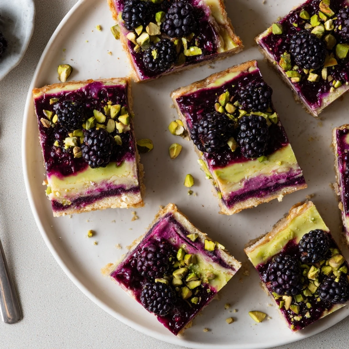 Chilled dessert bars featuring buttery green pistachio base topped with sweet blackberry filling and smooth cheesecake
