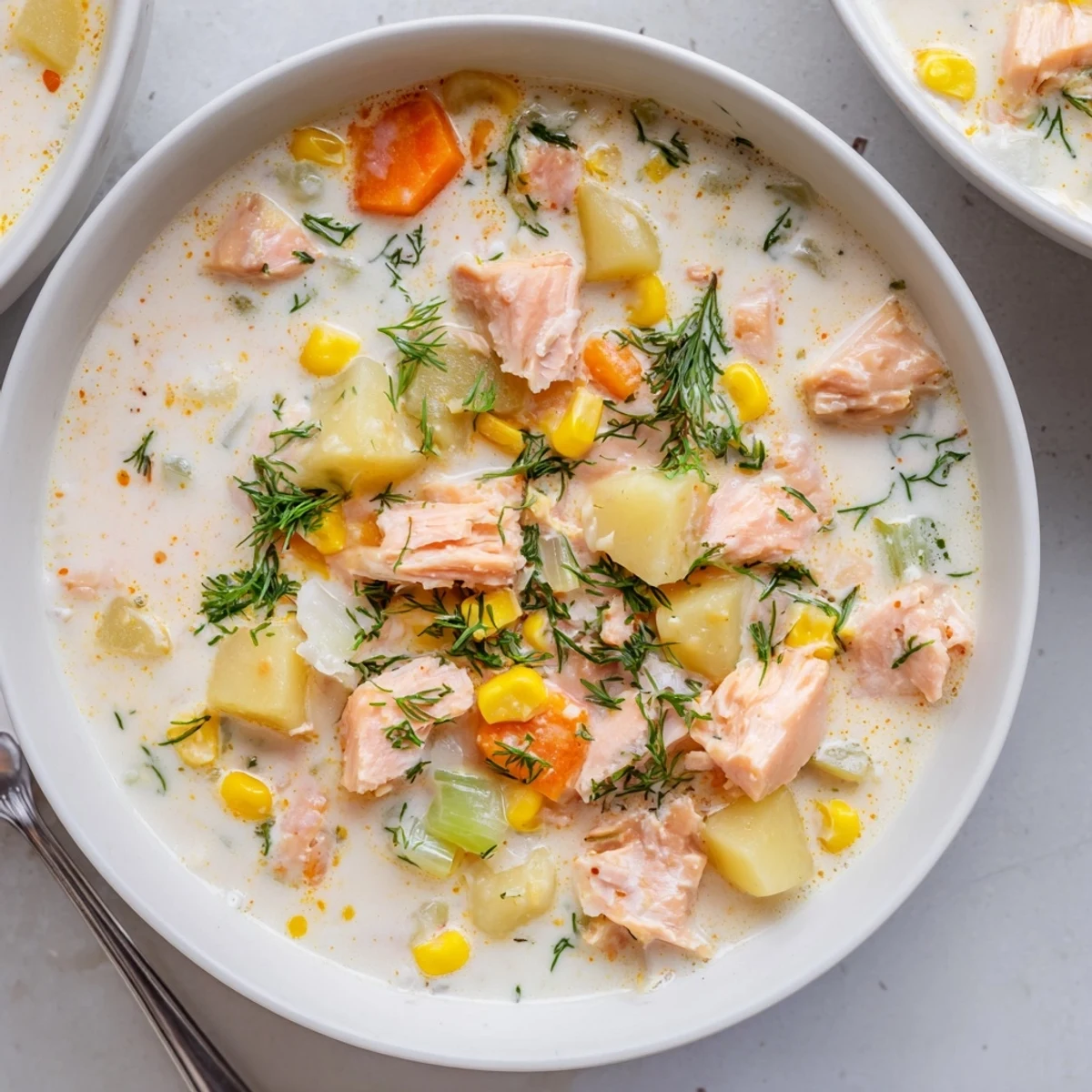 Creamy smoked salmon chowder with tender potatoes and sweet corn in a white bowl