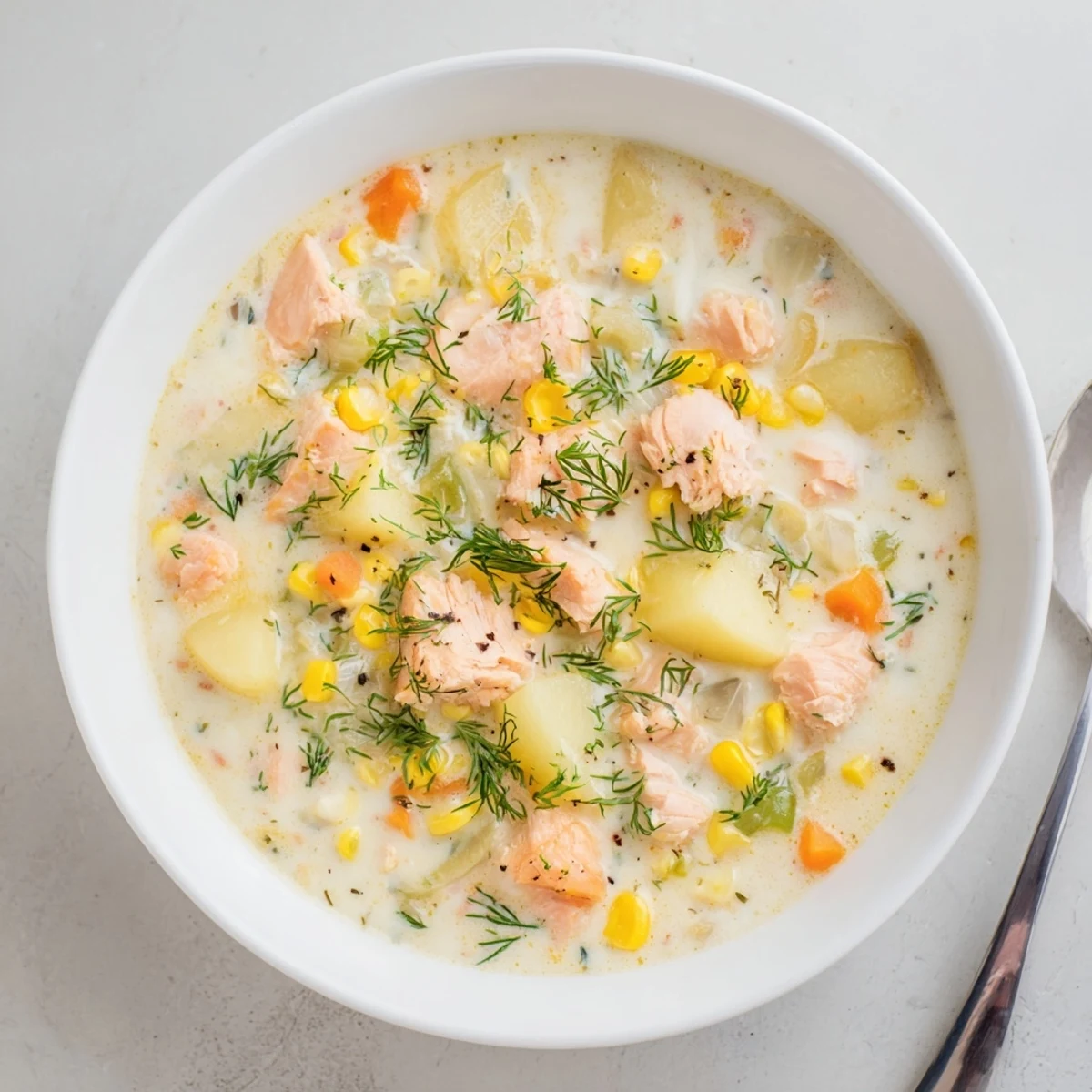 Steaming bowl of smoked salmon chowder garnished with fresh dill and cracked black pepper
