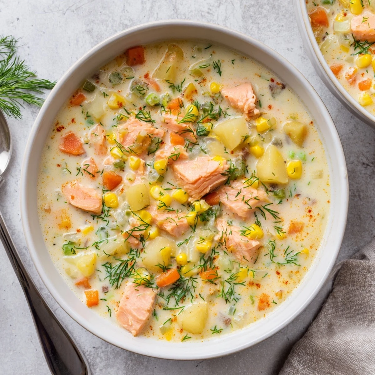 Rustic smoked salmon chowder filled with chunks of smoky fish and vegetables