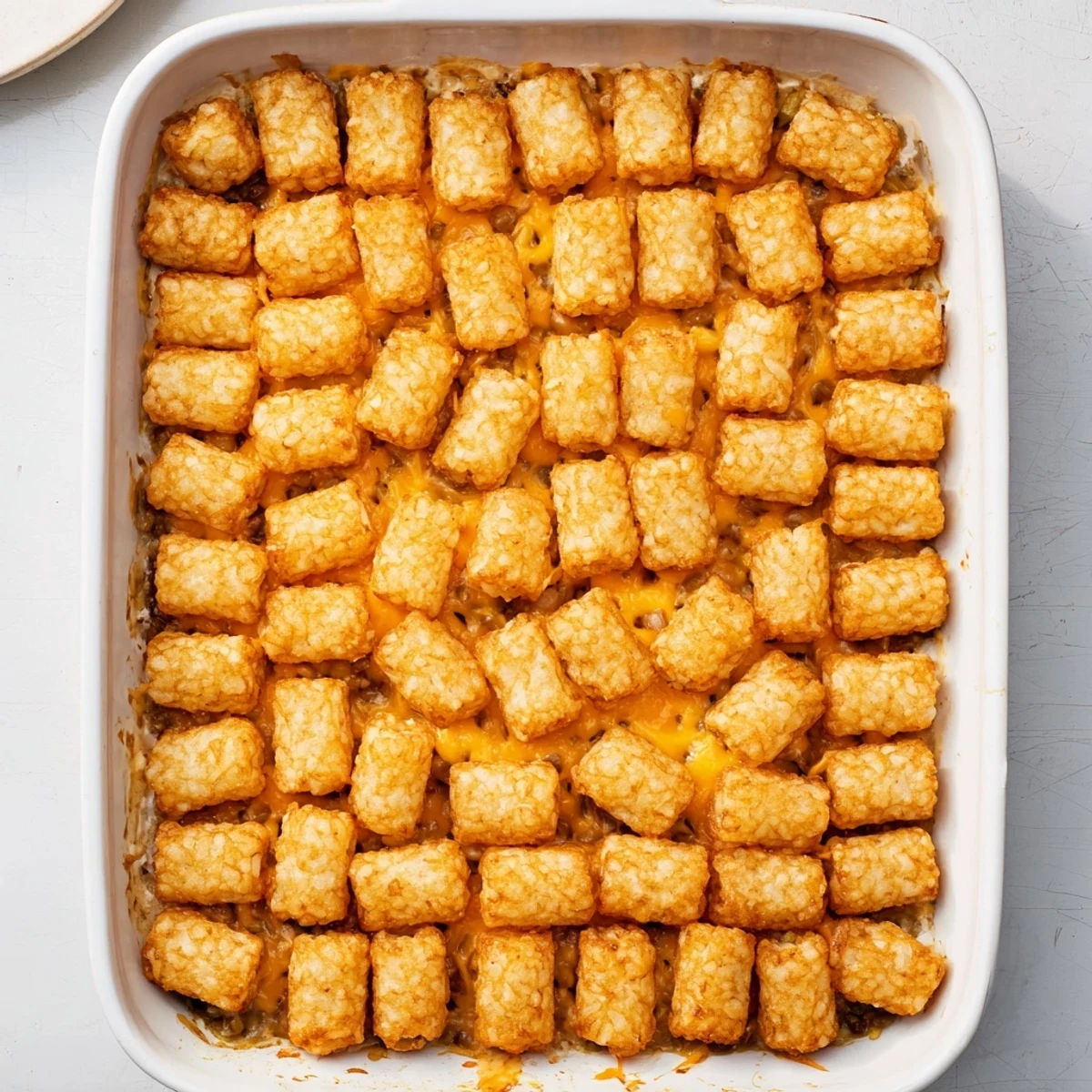 Golden tater tot casserole with ground beef and melted cheddar cheese in a baking dish