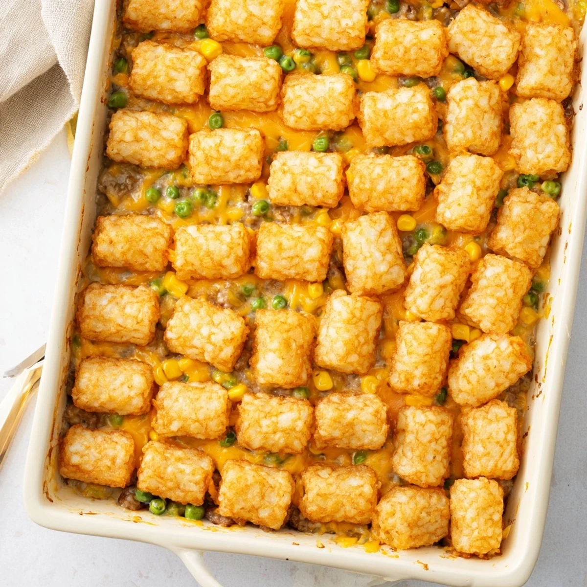 Midwest tater tot casserole featuring crispy tots over savory beef and corn in a 9x13 pan