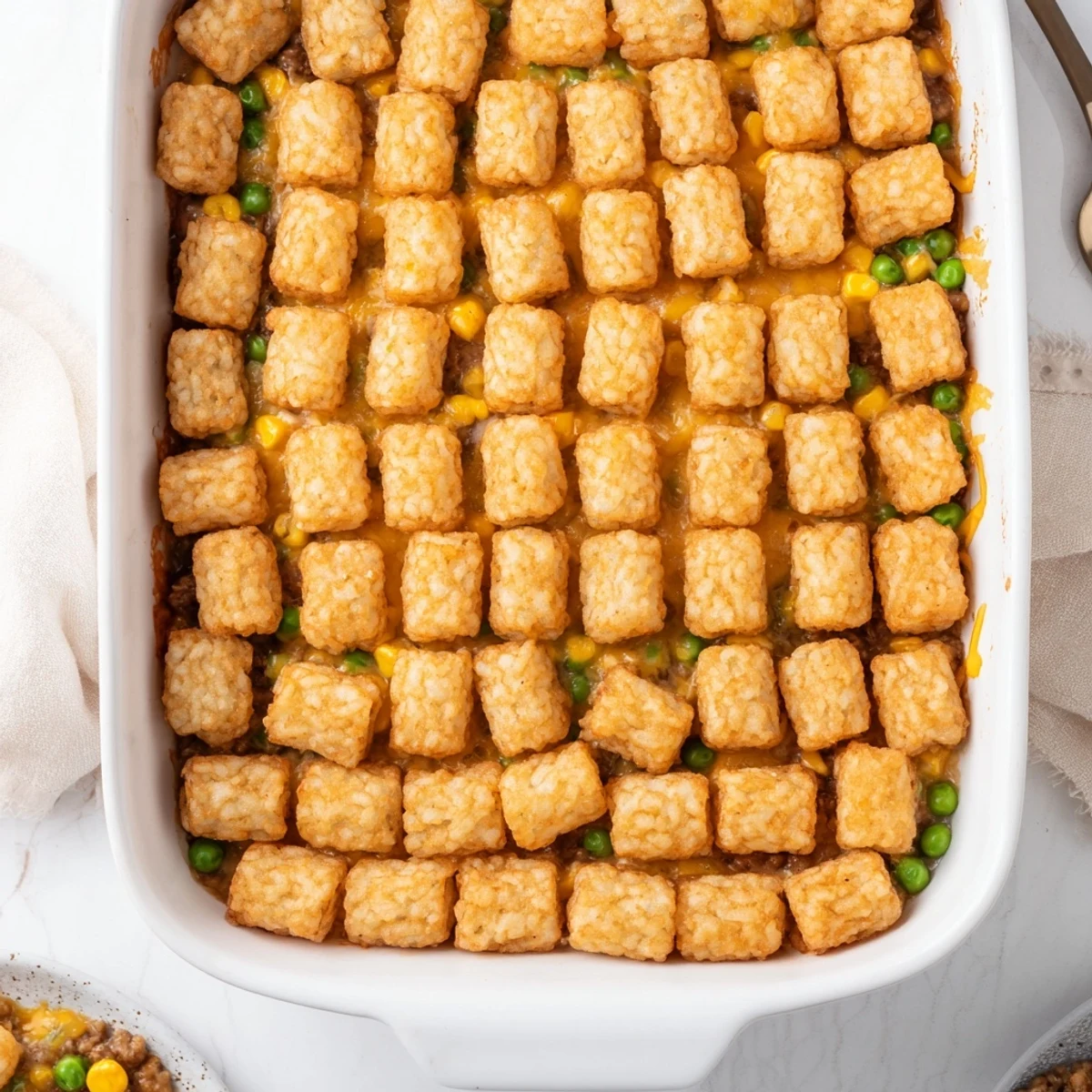 Hearty comfort food casserole with crispy potato topping, ground beef, and creamy cheese sauce bubbly and hot