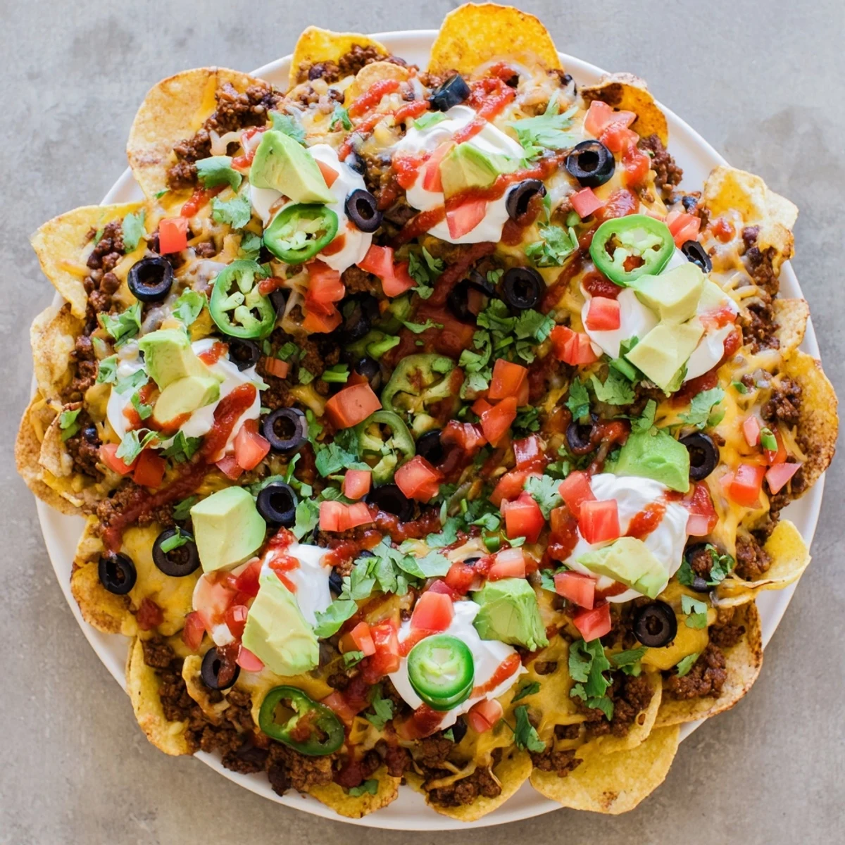 Golden Bundt Pan Nachos drizzled with melted cheddar and Monterey Jack cheese, topped with seasoned beef, black beans, and colorful fresh vegetables.