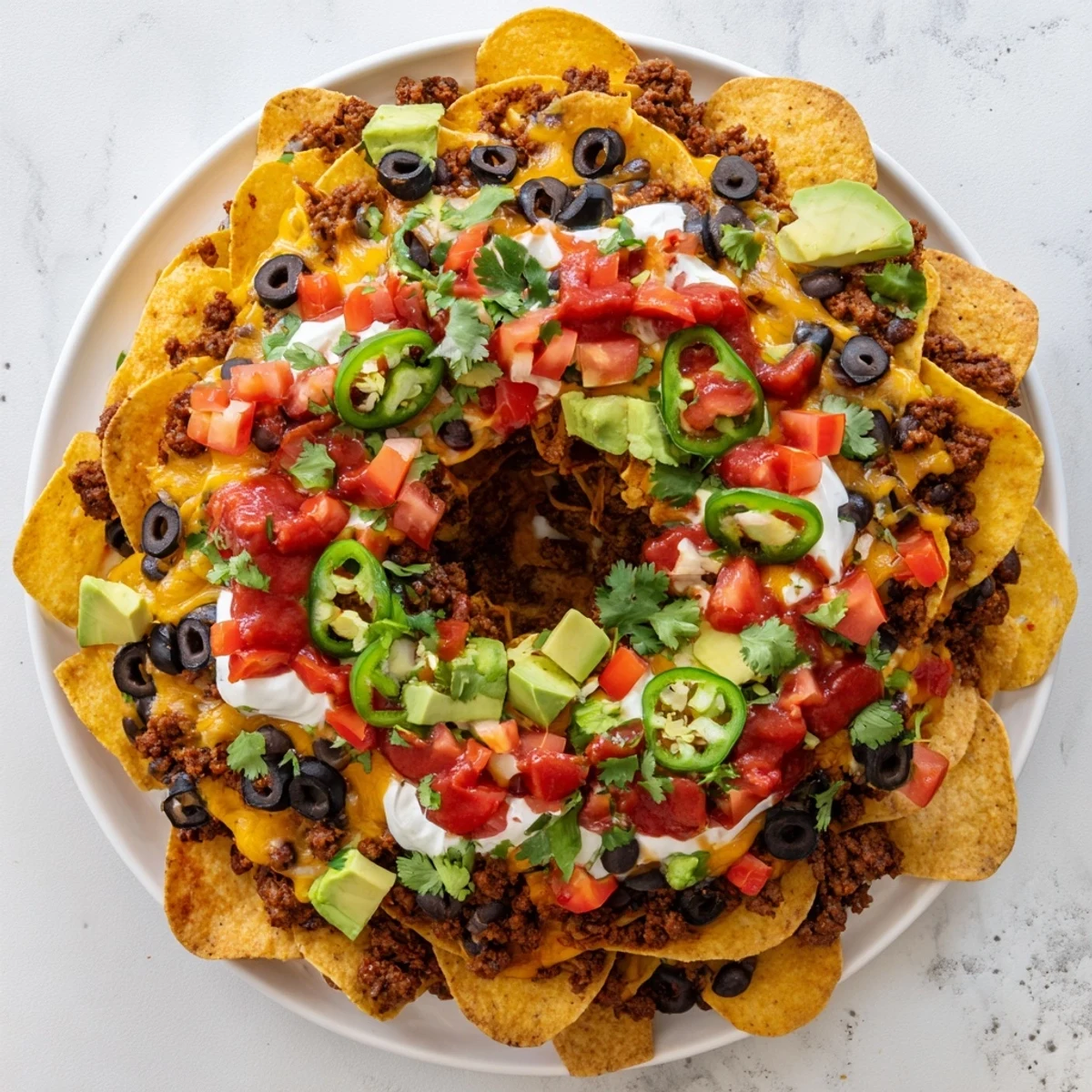 Ring-shaped Bundt Pan Nachos mounded with taco-seasoned ground beef, layers of crispy tortilla chips, melted cheese blend, tomatoes, and bright cilantro garnish.