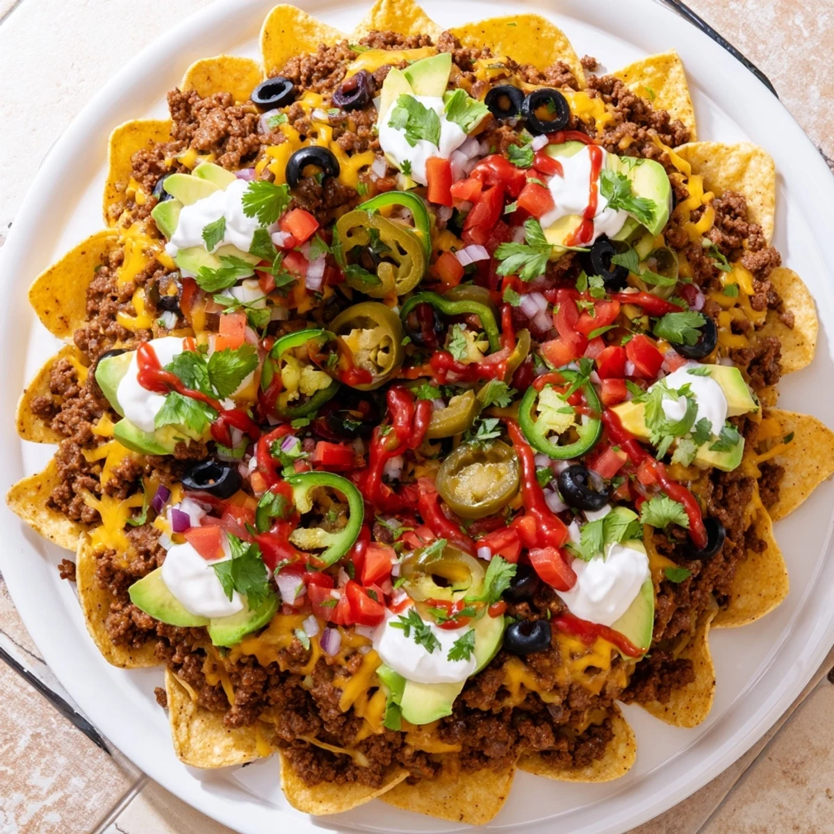 Bubbling hot Bundt Pan Nachos inverted onto a platter, featuring layers of spiced beef, cheese, chips, and vibrant toppings like sour cream and avocado.