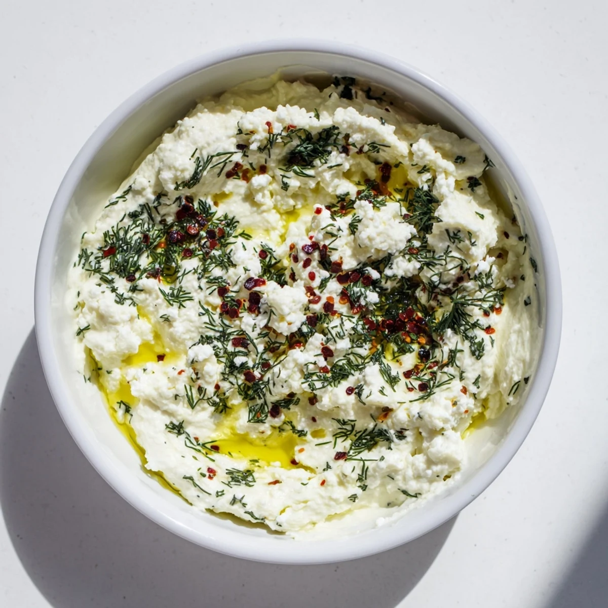 Creamy classic feta dip topped with olive oil, herbs, and warm pita bread for dipping