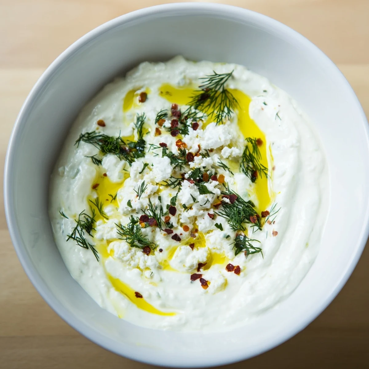 Smooth Mediterranean classic feta dip served in a bowl with fresh vegetable crudités and crackers